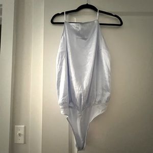 Abercrombie blue satin bodysuit with bow on back